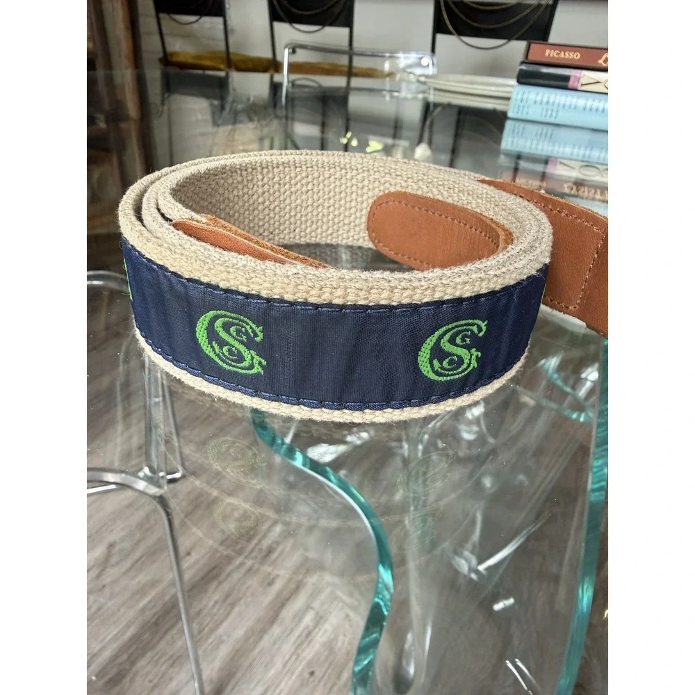 Preston Belt Golf Country Club Blue Green Leather Canvas Brass‎ USA Sz 40